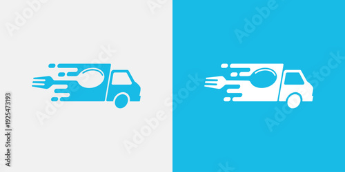 Fast food delivery truck logo on blue and white background.
