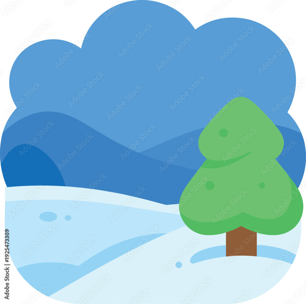 Obraz premium Cartoon winter scene with blue sky and lone evergreen tree on snowy hill