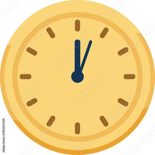 Simple yellow clock displays twelve o'clock on white background