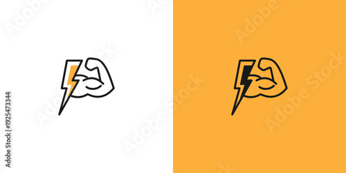 Fitness logo with lightning bolt and muscular arm power concept.
