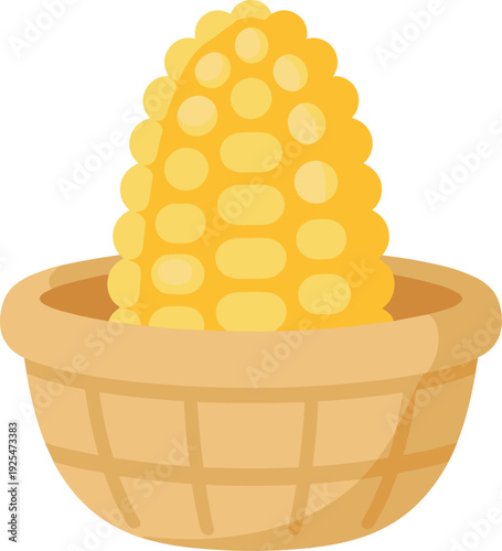Illustration of corn on the cob sitting inside of a small brown wicker basket