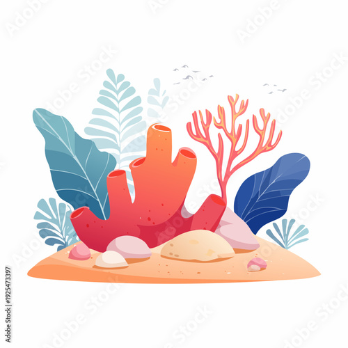 Illustration of large orange rocks with small clouds in the background