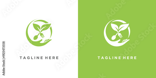 Green logo design with leaves and hand representing nature and care.