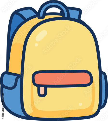 Cute school backpack in yellow and blue colors with a simple design stands against a white backdrop
