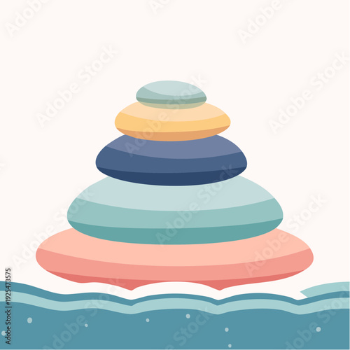 Colorful stacked zen stones creating a peaceful and serene balance on tranquil waters, ideal for mindfulness and relaxation concepts