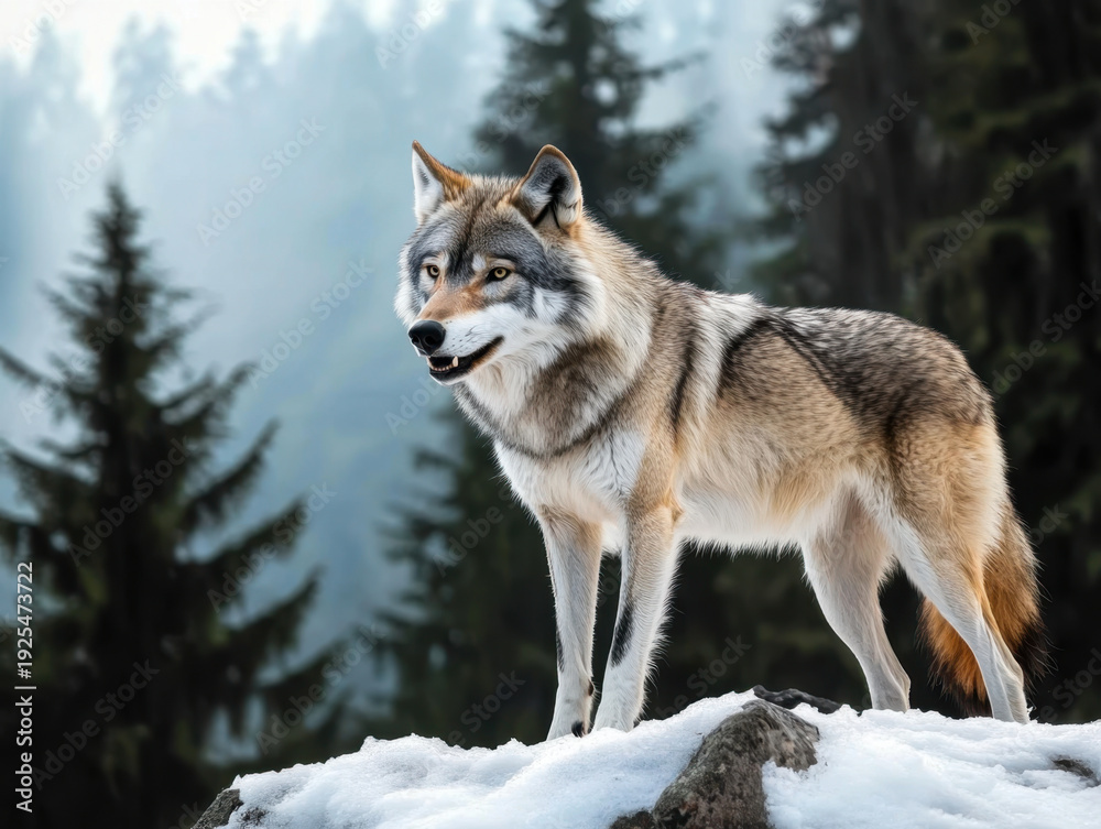 Obraz premium Timber wolf hunting in mountain