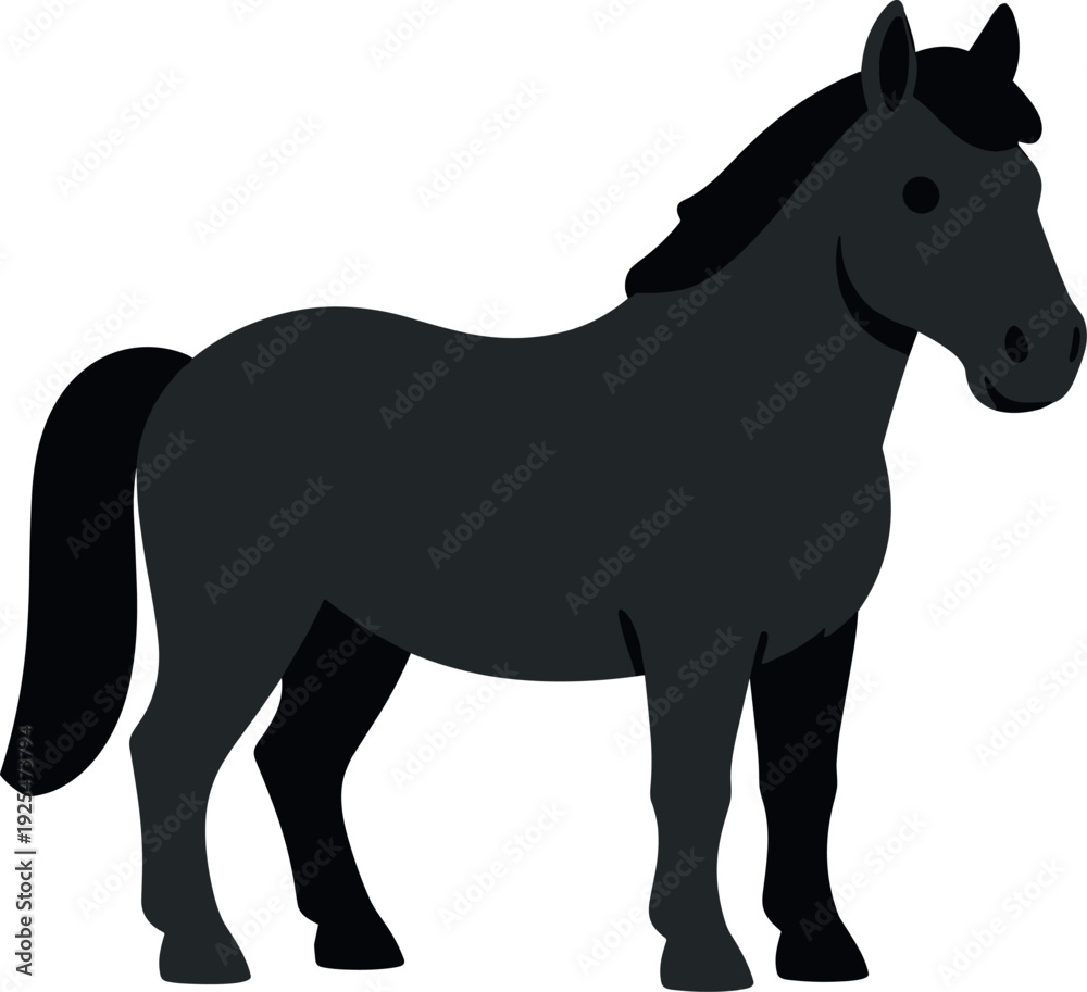 Fototapeta premium Black horse standing calmly on a white background in a simple illustration style