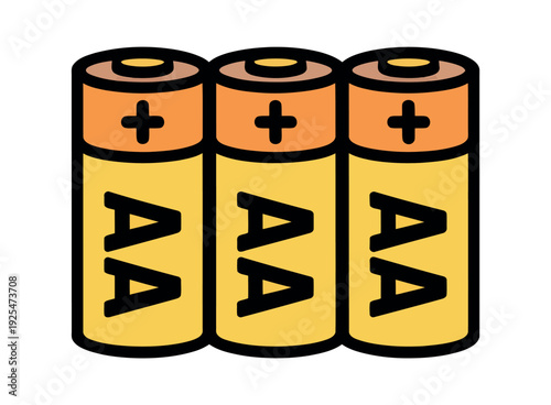Three yellow AA batteries with orange tops and black plus signs