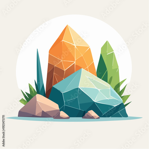 Artistic Illustration of Diverse Geometric Crystals and Rocks with Green Plants, Natural Stone Arrangement