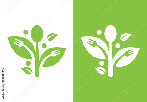 Healthy food logo design with spoon and fork on green background.