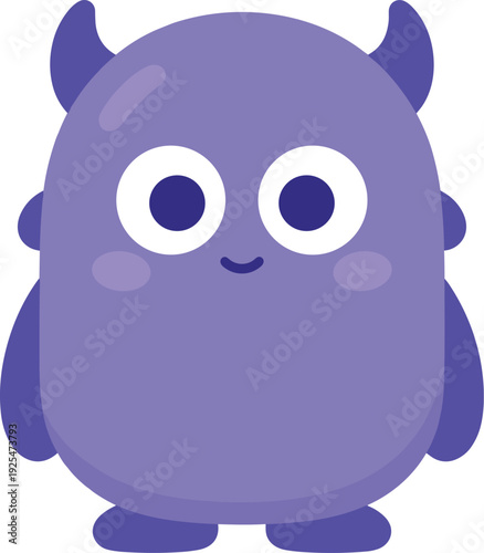 Cute little purple monster with horns stands and smiles on white background