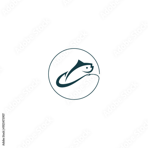 Minimalist fishing logo design featuring a fish and hook within a circle.