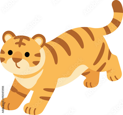 Cute tiger cub walking with its tail up on a white background