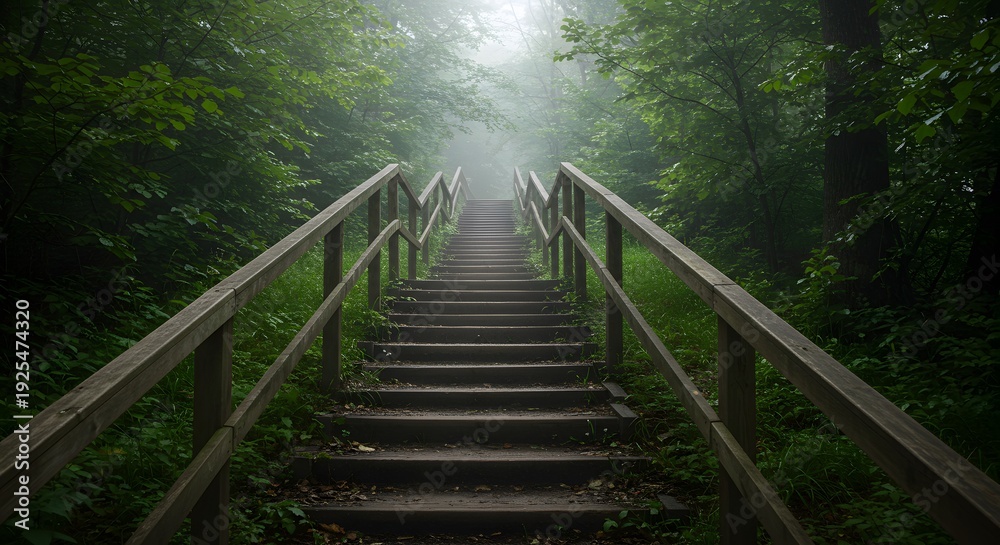 Fototapeta premium Wooden stairs ascend into a misty forest, framed by lush greenery and a hazy atmosphere