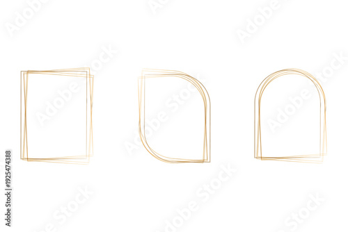 A collection of three uniquely styled golden watercolor frames. Each frame displays a delicate, hand-drawn look, ideal for borders or decorative elements on a clean white background.