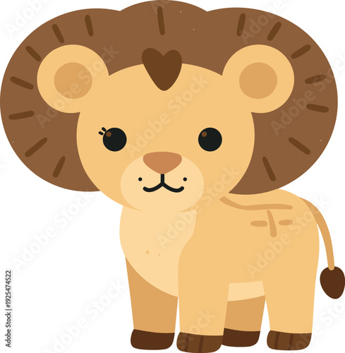 Adorable cartoon lion cub stands cheerfully on a white background