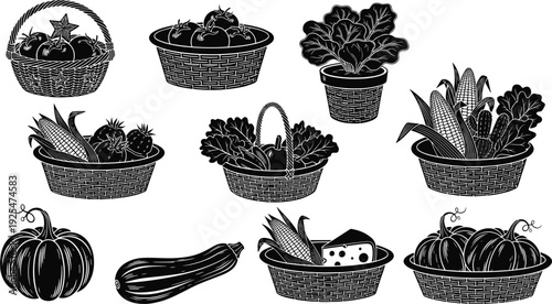 Vintage vegetable baskets and pumpkins engraving style vector illustration isolated on white background farm harvest organic food collection