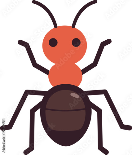Cartoon ant with segmented body and six legs stands on a white background