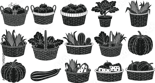 Collection of vegetable baskets and pumpkins vintage engraving vector illustration isolated on white background farm harvest food design