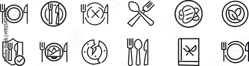 Set of black line icons for food and dining plate