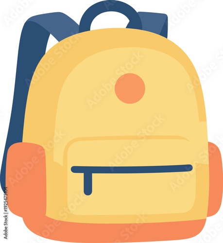 Stylized illustration of a yellow backpack with blue straps and orange accents