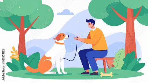 Male Owner Teaching Dog Sit Command – Minimal Flat Domestic Animal Training Illustration