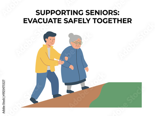 Young man assists elderly woman evacuation together safely. Vector Illustration. EPS Editable