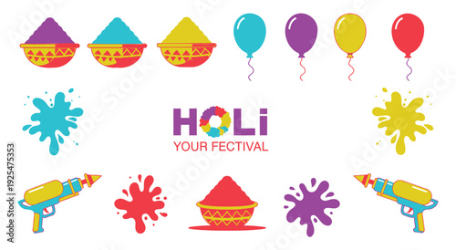 Holi festival icons balloons colors water guns