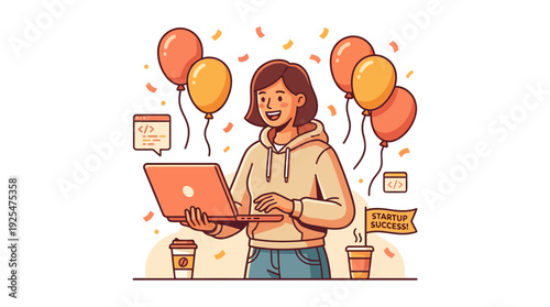 Young woman working on laptop surrounded by balloons and confetti. Vector Illustration. EPS Editable