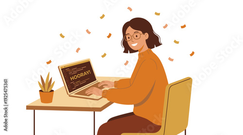 Young woman working on laptop at desk with plant. Vector Illustration. EPS Editable