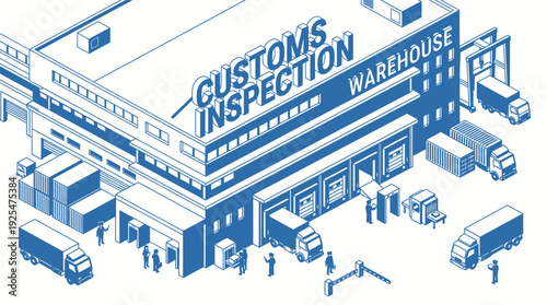 Isometric Customs Inspection Warehouse with Trucks and Cargo. Vector Illustration. EPS Editable