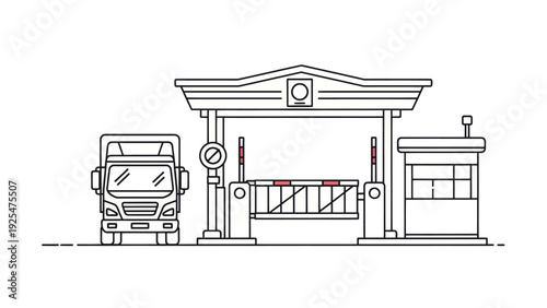 Line Art Illustration of a Truck at a Toll Booth Checkpoint.
