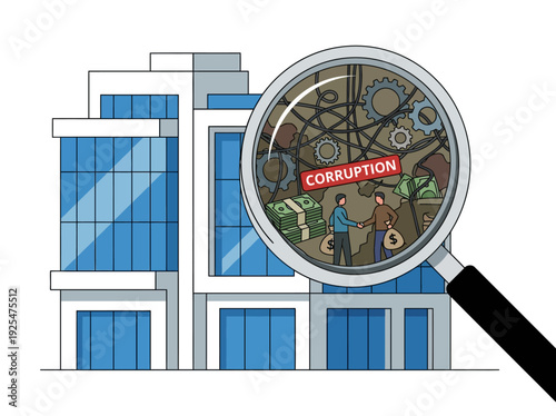 Magnifying glass reveals corruption inside a modern office building. Vector Illustration. EPS Editable