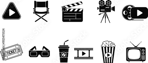 Cinema movie theater solid icons set, film production media elements ticket popcorn camera vector illustration collection