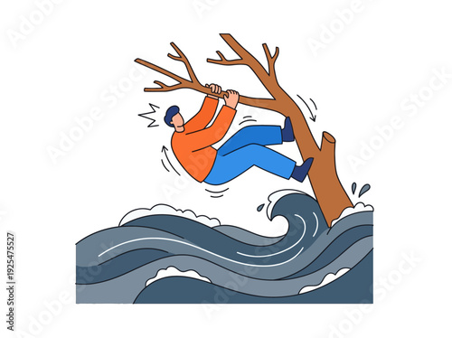 Man clinging to tree branch during flood disaster. Vector Illustration. EPS Editable