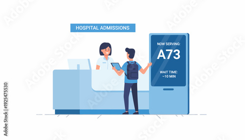 Man asking for directions at hospital reception desk. Vector Illustration. EPS Editable