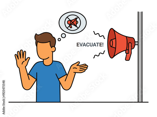 Man confused by evacuation announcement from megaphone. Vector Illustration. EPS Editable