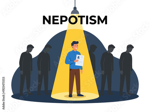 Man Highlighted Under Spotlight Demonstrating Nepotism Concept. Vector Illustration. EPS Editable