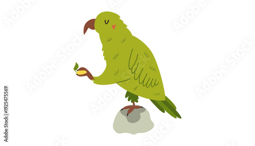 A green parrot illustration holding a piece of fruit in its beak