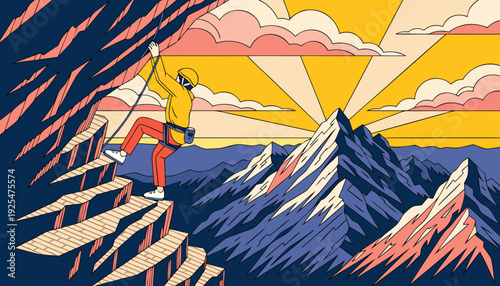 Very beautiful rock climber ascending a steep cliff face at sunrise, golden light illuminating rugged peaks and vast mountain horizons beyond.
