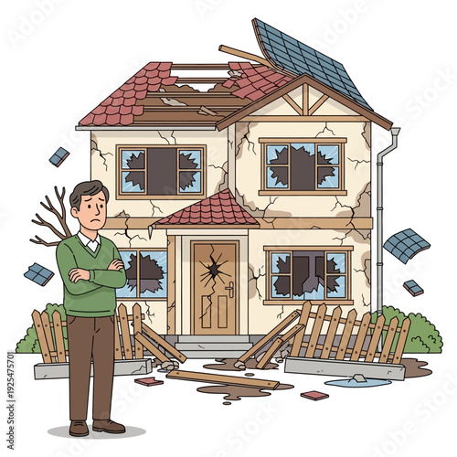 Man standing in front of a damaged house after a storm. Vector Illustration. EPS Editable