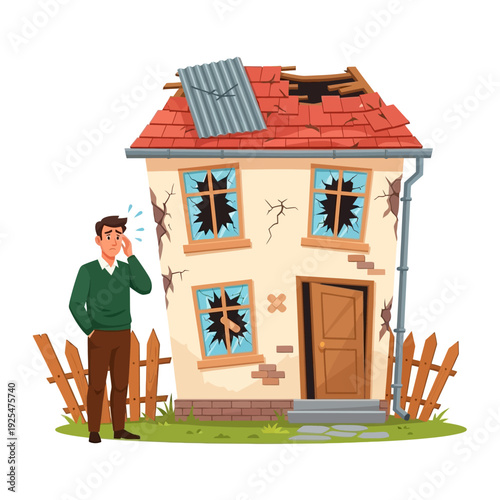 Man standing in front of a dilapidated house with broken windows and damaged roof. Vector Illustration. EPS Editable