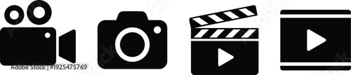 Camera video production and media player icons set, movie clapperboard solid glyph vector illustration collection