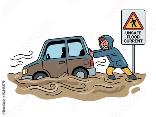 Man struggling to push car through dangerous floodwaters. Vector Illustration. EPS Editable