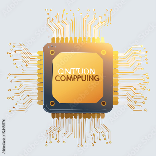 Advanced quantum computing processor with glowing orange circuitry and a central panel displaying text for next-generation digital innovation and scientific breakthroughs