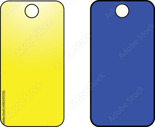 Yellow and blue metal tags side by side
