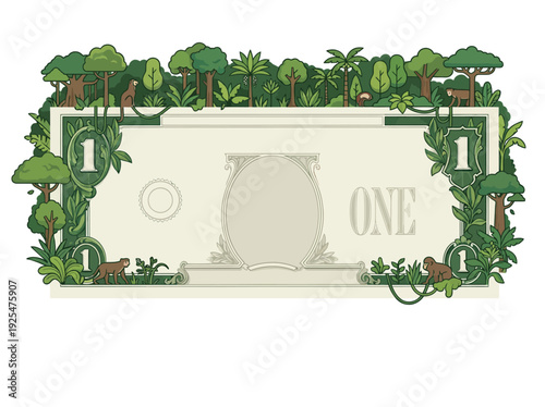 One dollar bill transformed into a lush jungle scene. Vector Illustration. EPS Editable