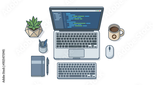 Overhead view of a programmers desk with laptop keyboard and coffee. Vector Illustration. EPS Editable