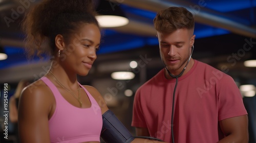A fitness coach is measuring blood pressure of a client using a manual monitor, situated in a gym setting to emphasize the correlation between physical activity and health monitoring for optimal