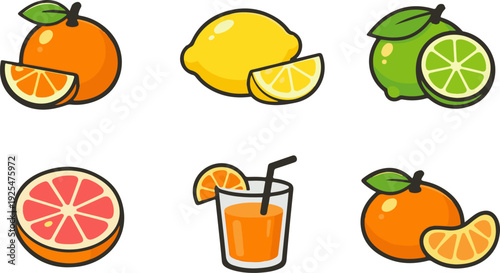 Fresh citrus fruits icons colorful collection. Vector